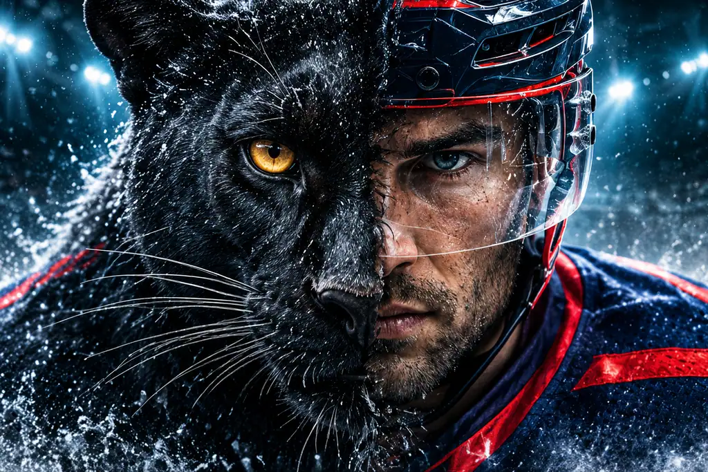 AI-generated portrait: half panther, half hockey player in a red helmet