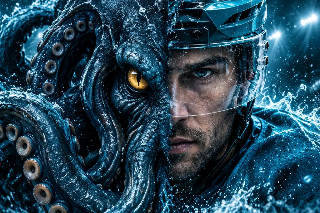 AI-generated portrait: half kraken, half hockey player in a deep-sea teal helmet
