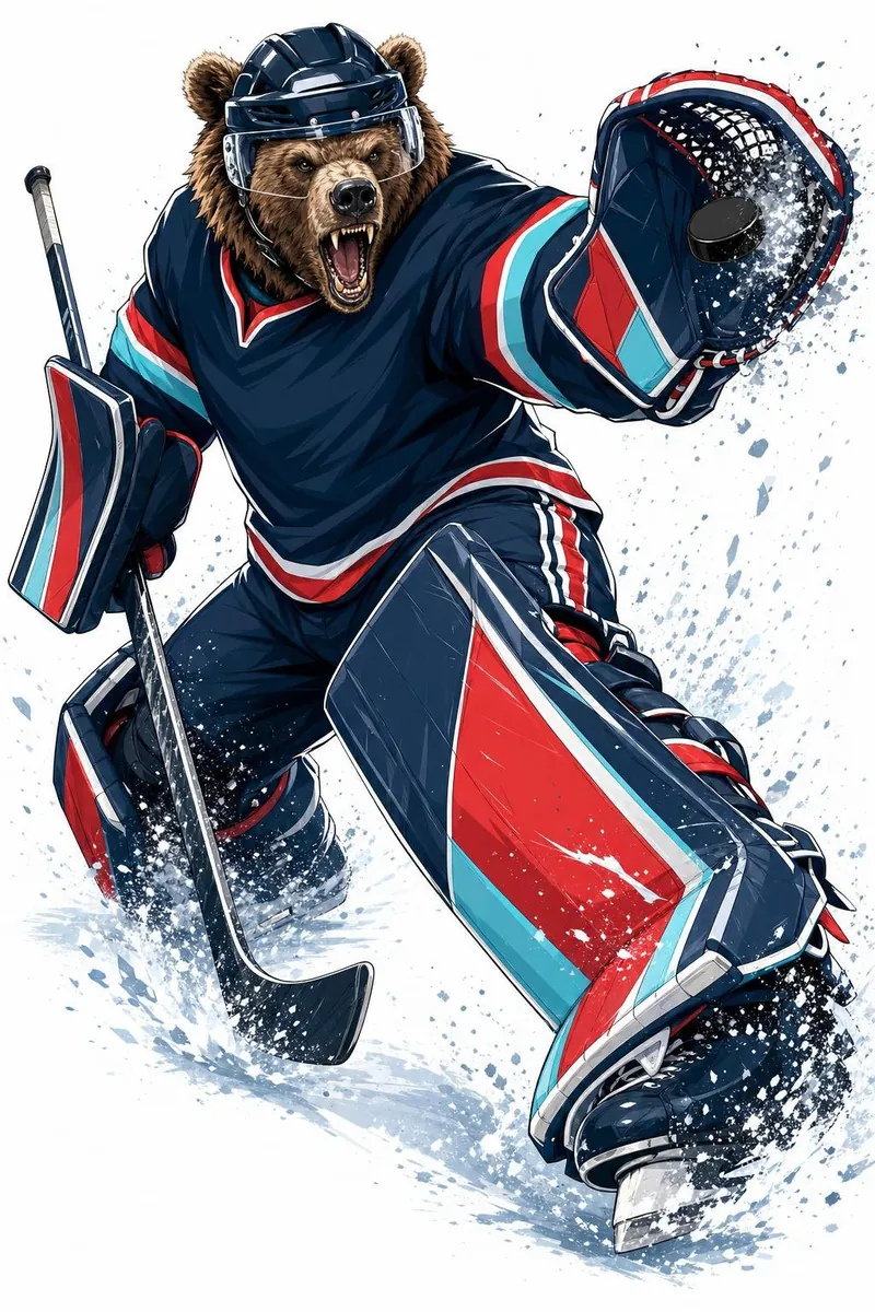 Illustration: a roaring grizzly bear goaltender flaring into a butterfly save, glove snapping shut on the puck