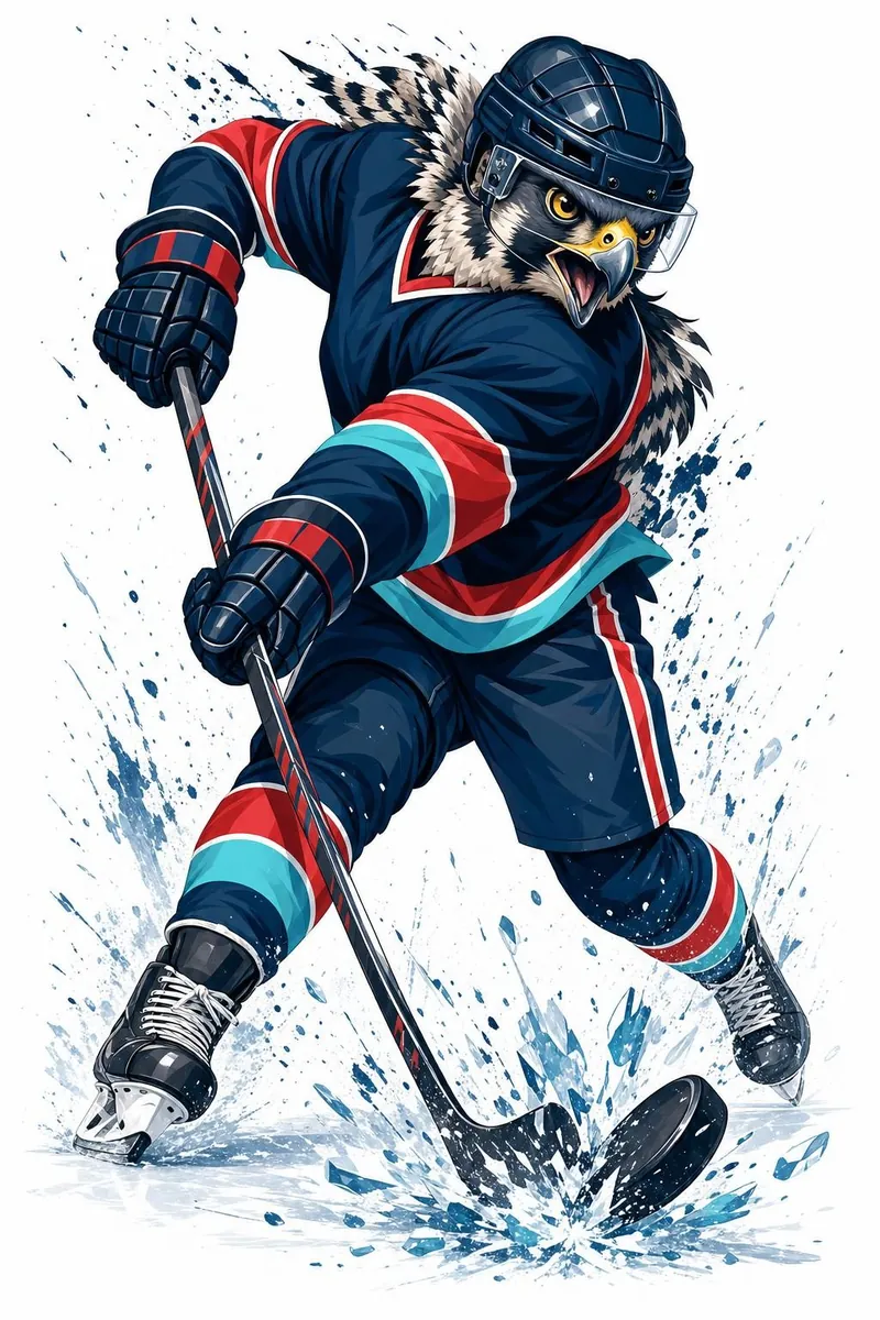 Illustration: a peregrine falcon skater driving the puck forward in a burst of ice spray