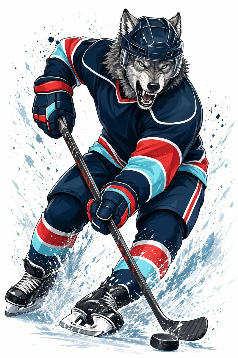 Illustration: a snarling grey wolf forward cutting hard through a turn with the puck on his stick
