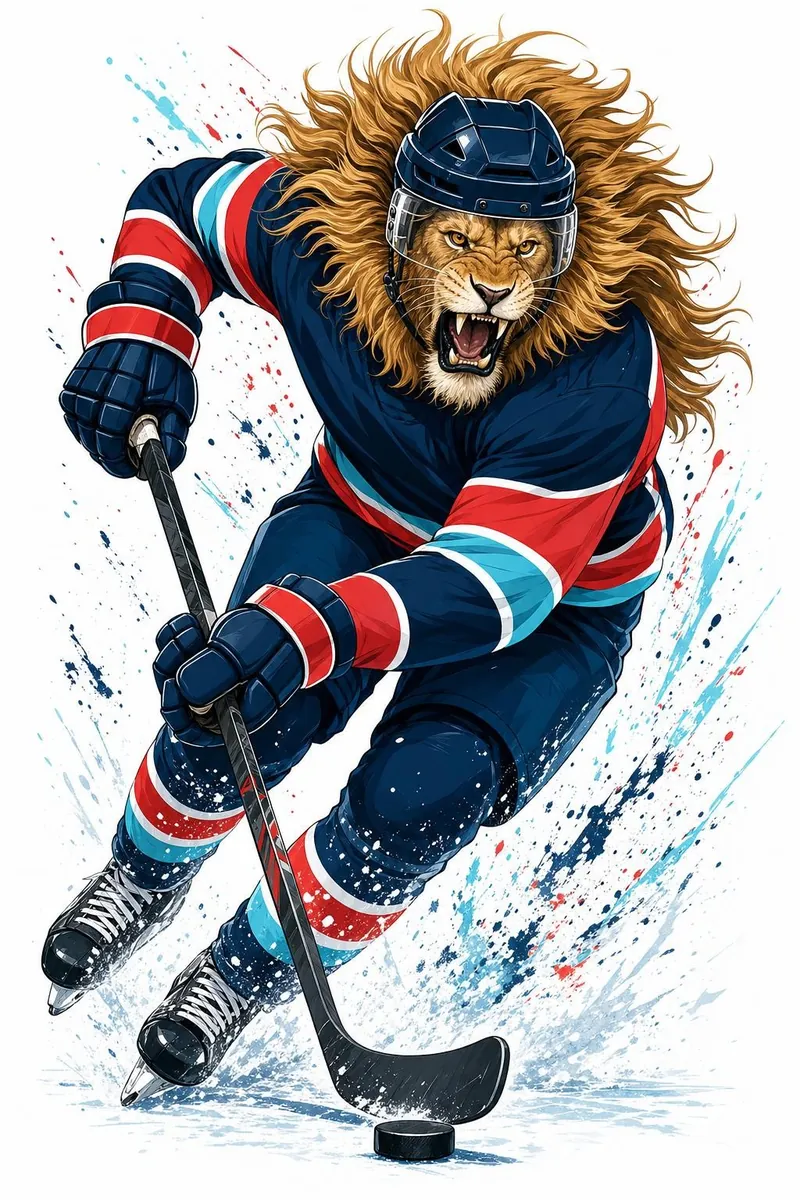 Illustration: a roaring lion captain charging up the ice with the puck, mane streaming from his helmet