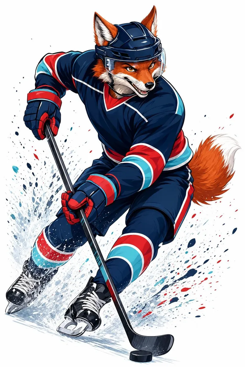 Illustration: a grinning red fox playmaker twisting through a deke, ice spray behind him