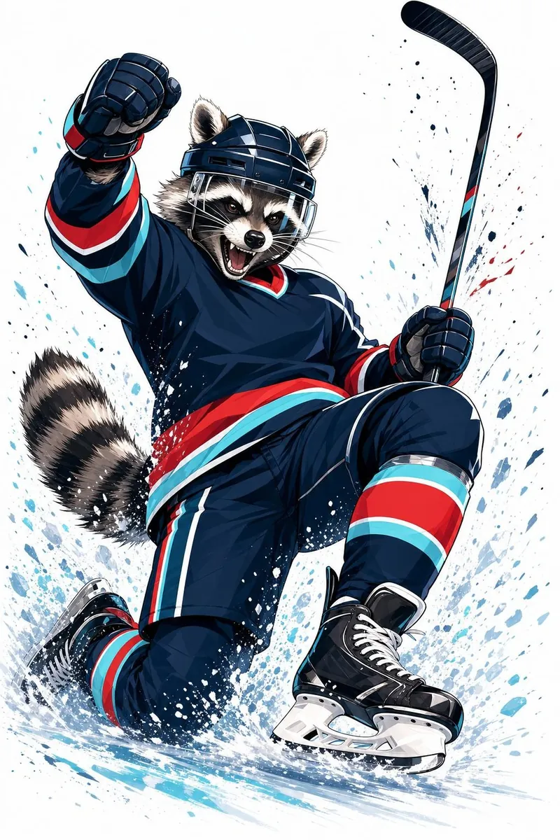 Illustration: a raccoon winger celebrating a goal, sliding on one knee with a fist raised