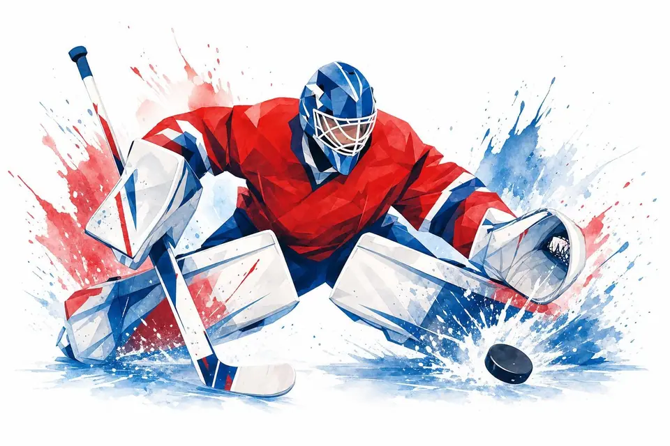 Watercolor painting of a goaltender making a butterfly save